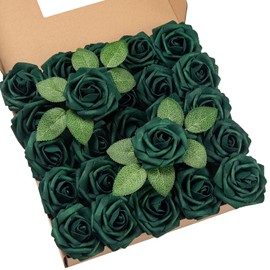 DuHouse - 25 Rosas Artificiales con Tallos y Flores de Espuma de Tacto Real para Bricolaje, Ramo de Boda, Baby Shower, Centro de Mesa, arreglo Floral, Fiesta, decoración del hogar (Verde Caza)