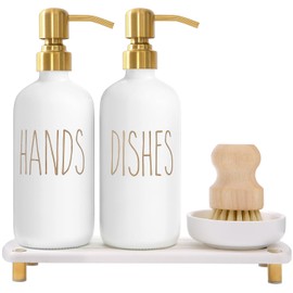 MOMEEMO Gold Soap Dispenser Set Comes with Stainless Steel Pumps, Instant Dry Tray, and Dish Scrub Brush, Suitable for Kitchen Decor and Accessories. (Gold)