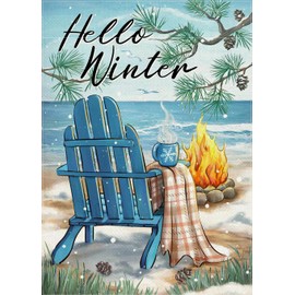 Covido Hello Winter Beach Blue Chair Decorative Garden Flag, Christmas Coastal Bonfire Pine Branch Yard Outside Decorations, Nautical Seasonal Burlap Outdoor Small Home Decor Double Sided 12 x 18
