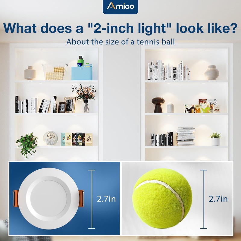 Amico 6 Pack 2 Inch 5CCT Ultra-Thin LED Canless Recessed