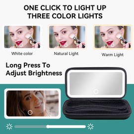 Rechargeable LED Travel Mirror with 3 Color Lights – Portable Makeup Mirror for Trips, Parties & Shopping, Comes with Cosmetic Pouch & USB Charging (Black)