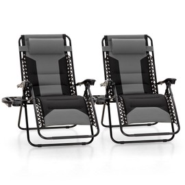 MFSTUDIO Padded Zero Gravity Chair Set of 2, Folding Patio Lounge Recliner with Adjustable Pillows & Cup Holder for Poolside Backyard, Support 400lbs(Grey)