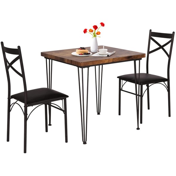 VECELO 3-Piece Table Chairs with Metal Legs for Kitchen, Dinette, Breakfast Nook, Dining Set for 2, Retro Brown and Black