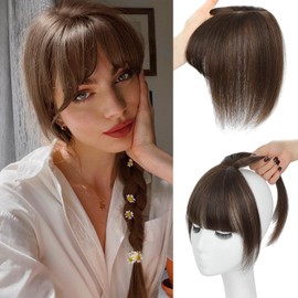 Carendia Hair Toppers for Women Real Human Hair, 360° Cover Clip in Bangs Medium Brown Wispy Bangs HairPieces for Women Daily (Medium Brown, 3D Bangs)