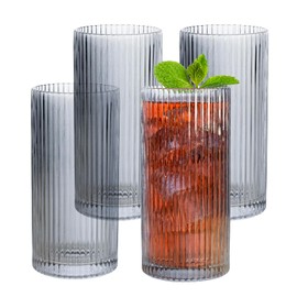 MyGift 12 oz Smoked Gray Fluted Highball Drinking Glasses, Ribbed Textured Glass 6 Inch Tall Tumblers for Cocktail Beverage, Iced Coffee or Tea, Water Drink Cup, Glassware Set of 4