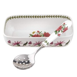 Portmeirion Botanic Garden Cranberry Dish with Slotted Spoon, 2-Piece Set, 8"x 4.25" Sauce Dish with 4.25" Serving Spoon, Rhododendron Flower Motif, Fine Porcelain, Dishwasher and Microwave Safe