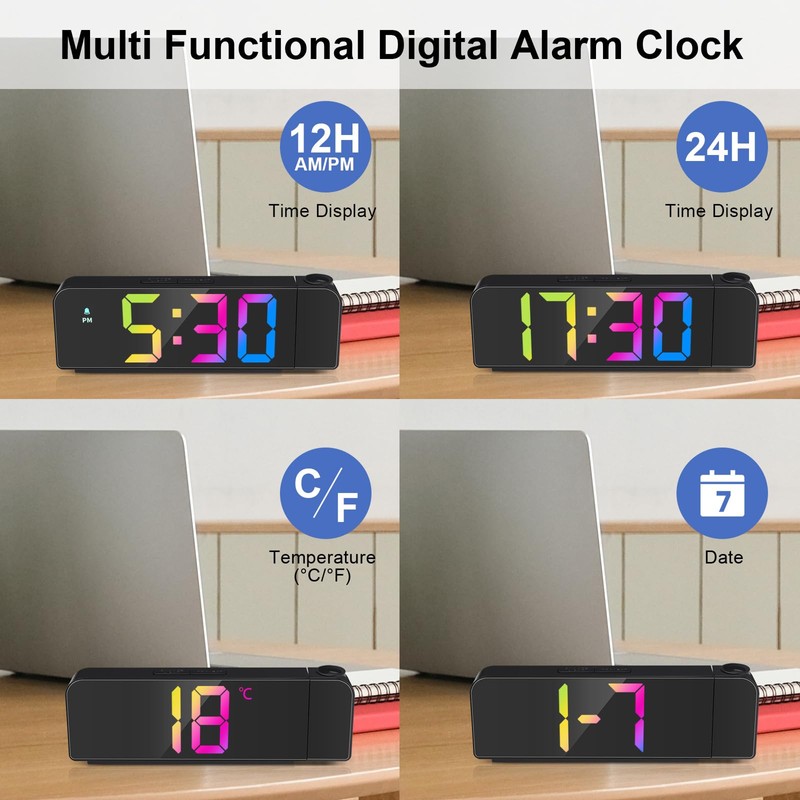 GuDoQi Projection Alarm Clock, Colorful LED Clock for Bedroom, Digital