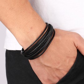 YL Multi-Layer Leather Bracelet for Men Stainless Steel Black Plated Clasp Bracelet Wrap Braided Vintage Jewelry