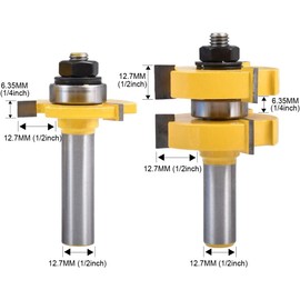 HOHXEN 2 Pcs/Set Tongue and Groove Router Bit Set, 1/2 Inch Shank Grooving Router Bit, 3 Teeth T-Shape Wood Milling Cutter, WoodWorking Tools (1/2" Shank, 1/4" & 1/2" Teeth Width, 1/2" Teeth Depth)