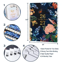 2026-2027 Monthly Planner/Calendar - Monthly Calendar 2026-2027, January 2026 - December 2027, 9" x 11", 2 Years Monthly Planner with Tabs, Contacts + Back Pocket + Twin-wire Binding - Floral