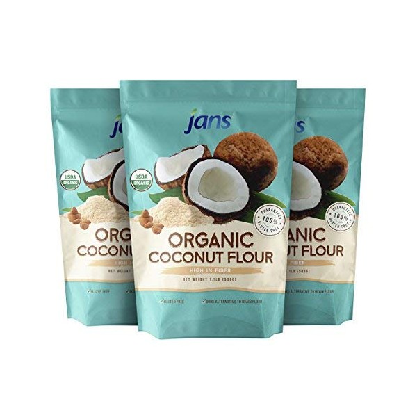 Jans Organic Coconut Flour 1.1lb | Gluten-Free | Certified Organic | Keto, Paleo, & Vegan Friendly (3 Pack)