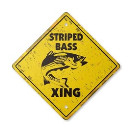 Striped Bass Vintage Crossing Sign Zone Xing | Indoor/Outdoor Plastic | 17" Tall Rustic Fishing Boat Fish Rod Lover Fisherman Lures Reel