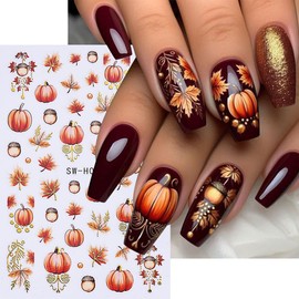 POWPOP Fall Nail Stickers Maple Leaf Pumpkin Nail Art Decals 6PCS Autumn Glitter Leaves Pine Nut Pumpkin Nails Design Self-Adhesive Nail Art Supplies Fall Stickers for Nails DIY Manicure Decorations