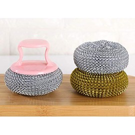 WOIWO 2 PCS Kitchen Cleaning Brush With Handle Can Be Replaceable Pan Brush Multi-Function Does Not Hurt Hand Wash Dishes Brush Cleaning Ball (Handle and Wire Ball Brush Head Color Random)