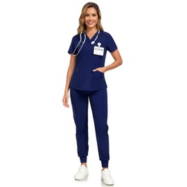 HSDORY Scrubs for Women Set, V-Neck Scrub Top and Pants Sets Stretchy Scrubs Sets with 8 Pockets(HS-01-Navy,2XL)