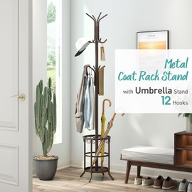 Vriccc Coat Rack with Umbrella Holder, Metal Coat Rack Stand with 12 Hooks, for Entryway, Hallway, Living Room, Bedroom