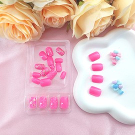Valentine's Day Press on Nails Short Square Nails Press ons with Heart Golden Glitter White Dot Design Acrylic Nails Rose Red False Nails Glossy Fake Nails Valentines Glue on Nails for Girls 24Pcs