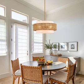 Widluth 19.7" Rattan Chandelier with Linen Farmhouse Boho Hand Woven Bamboo Chandeliers Light Fixture Modern Drum Wicker Rattan Gold Chandelier for Dining Room, Kitchen, Living Room,Foyer