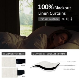 Pinch Pleated 100% Blackout Linen Curtains 84 Inch Length 2 Panel Sets for Bedroom Living Room Natural Cream Thermal Insulated Black Out Curtains with Hooks Rings Back Tab Darkening Soundproof Drapes