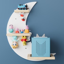 Eostbe Moon Tonie Shelf for Tonie and Tonie Box - White Magnetic Tonie Wooden Floating Shelf for Tonie Storage, Cute Tonie Wall Shelf for 9-18 Tonie Figures, Tonie Box Shelf Wall Mounted for Kids