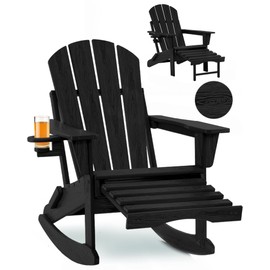 Serique Folding Adirondack Rocking Chair,4-in-1 Multifunctional Patio Chair with Retractable Ottoman, Outdoor Chair Wood Texture, Lawn Chair for Porch, Backyard, Pool(Black)