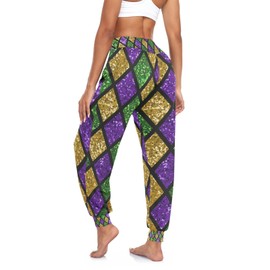 Aflyko Mardi Gras Women Boho Trousers Fleur De Lis Glitter Zigzag Sweatpants Yoga Dance Harem Pants