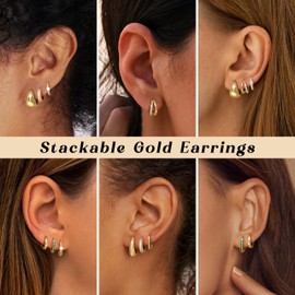 LOYALLOOK 3Pairs Gold Hoop Earrings Set for Women Trendy Huggie Hoop Earring Stacks for Multiple Piercing 14K Gold Plated Chunky Hoop Earrings Set Hypoallergenic Cartilage Earring Lightweight