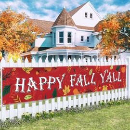 Probsin Happy Fall Banner 120"x 20" Decorations Outdoor Thanksgiving Decor Autumn Party Supplies Maple Leaves Happy Fall Y'all Holiday Harvest Welcome Hanging Backdrop for Garden Fence Yard Lawn Porch