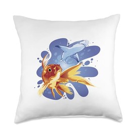 Angel Fishing, lustige Sprüche Funny Shark with Goldfish Graphic for Men Women Children Throw Pillow, 18x18, Multicolor