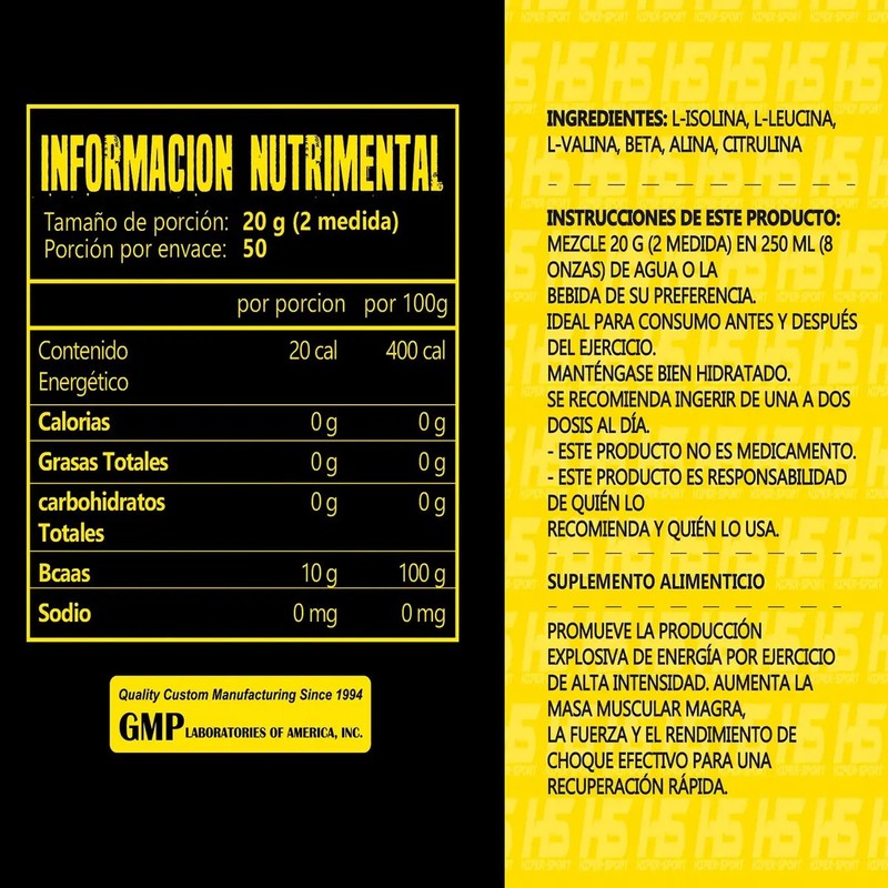 BCAA en Polvo Hiper-Sport Sin Sabor, 1 kg Sin Gluten