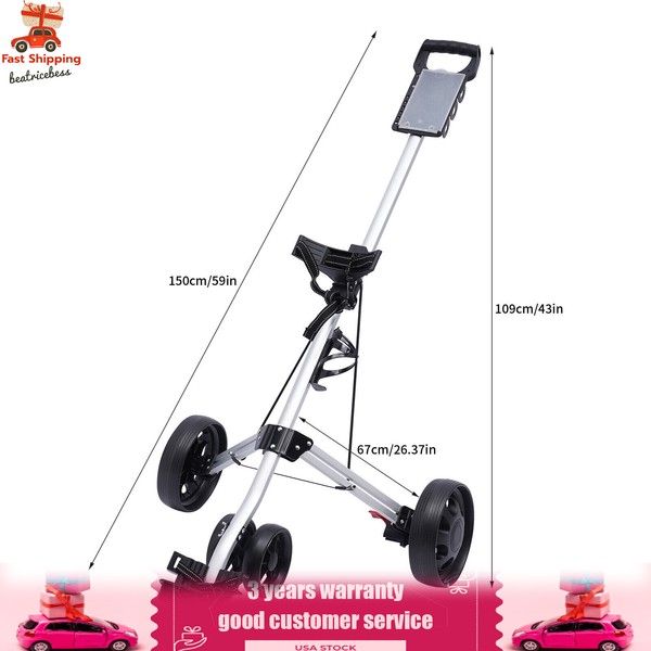 Foldable 3 Wheels Golf Push Cart Lightweight Push Pull Golf