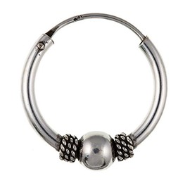MENS Gypsy/Bali Style Beaded Single Round Hinged Hoop Earring - 925 Sterling Silver