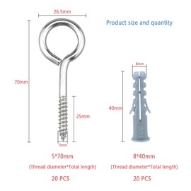 Eye Screws Metal Hooks, 304 Stainless Steel Heavy Duty Eyelet Eye Bolts Kit, Used For Fastening And Fixing Wood, Garden And Indoor And Outdoor Use(M4/M5/M6) (M5*70)