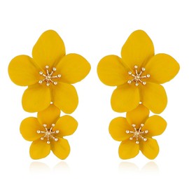 Flower Dangle Earrings,Boho Double Layered Floral Petal Drop Earrings Statement Stud Earring Multicolor Double Flowers Dangle Earings for Women Girls (yellow)