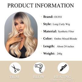 OUFEI Ombre Blonde Wig with Fringe for Women Natural Synthetic Hair Heat Resistant Long Wavy Wigs with Dark Roots for Daily Party Cosplay Wear
