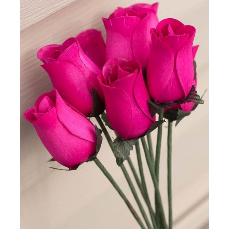 Hot Pink Bunch of 8 Closed Bud Wooden Roses for