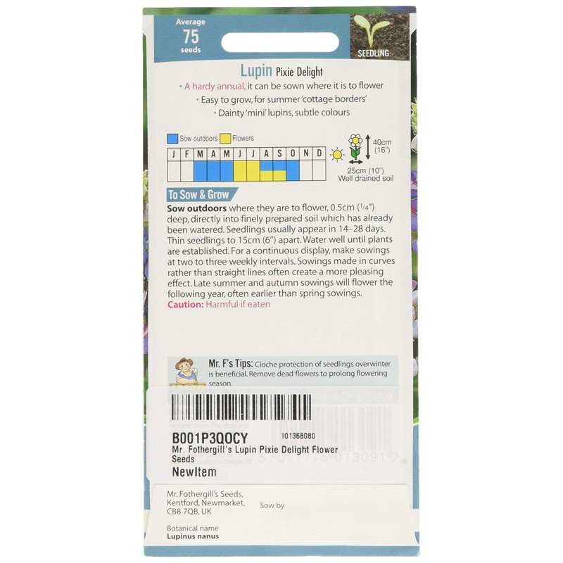 Mr. Fothergill's Lupin Pixie Delight Flower Seeds, white/pink/blue