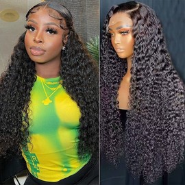 TENACOO 24 Inch Deep Wave Lace Front Wigs Human Hair 13x4 Deep Wave Wig Transparent Lace Deep Wave Frontal Wig Pre Plucked with Baby Hair 180% Density Curly Human Hair Wigs for Women