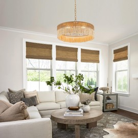 ELYCCUPA 23” Boho Hand Woven Rattan Pendant Light Fringe Adjustable Minimalist 4-Lights Large Chandelier for Kitchen Island Dining Room Living Room, UL Listed