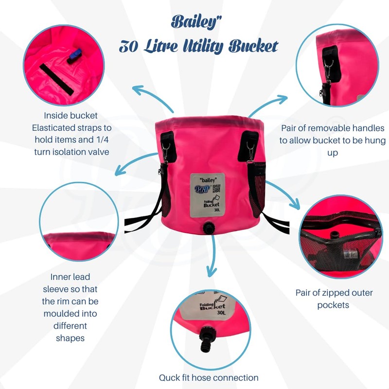 PBP Bailey 30L Folding Bucket with Quick Hose Connector (Pink)