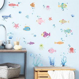 SMAOSTORE (also) Fish Sea Fish Sea Bubbles Cute Sea Life Stylish Underwater World Deep Sea Fish Kids Room Bedroom Bathroom Kindergarten Bedroom Background Wall Sticker Waterproof Removable Wall