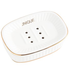 Ceramic Soap Dish, Double Layer Self-Draining Soap Holder Keep Soap Dry, White with Gold Line Soap Tray Decorative for Bathroom, Count Top, Sink, Easy to Clean