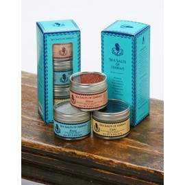 Three Tin Gift Box of Hawaiian Sea Salts, Alaea Red, Kona White and Uahi Black Salts