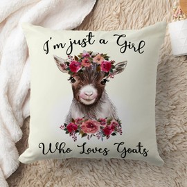 Just A Girl Who Loves Goats Pillow Cover, Cute Western Farmhouse Animal Decorative Pillow Cover Cushion Goat Print Decor for Bedroom, Sofa, Couch, Living Room (18×18 Inch, Beige)
