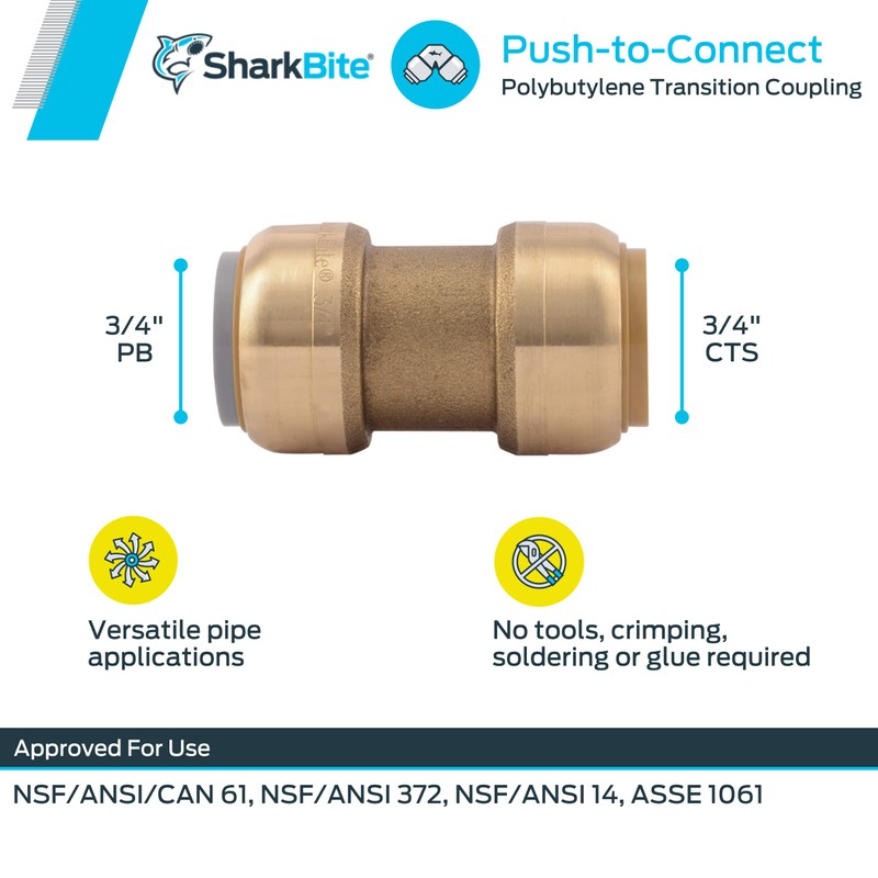 SharkBite 3/4 Inch Polybutylene Transition Coupling, Push to Connect Brass