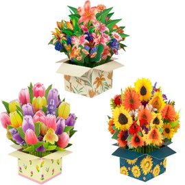 Magic Ants Flower Paper Pop Up Cards - Sunflower+Tulip+Lily- Mother's Day, Birthday, Thank You Greeting Card for Mom - 3D Popup Flower Bouquet Design - Includes Envelop
