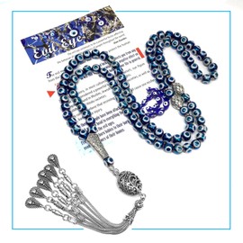 ALBATROSART EVIL EYE COLLECTION Bracelet -Necklace - Keychain - Worry Beads - Prayer Beads -Komboloi - Begleri - Shawl - Hamsa (Electroplate Evil Eye Glass -8mm 99 Beads- & Drop Tassel)