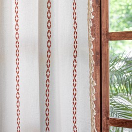 Sutuo Home Boho Curtains 84 Inches Long for Bedroom Living Room Kid's Room, Light Filtering Cotton Embroideried Bohemian Striped Vintage Farmhouse Privacy Decor, 1 Panel W52 x L84,White and Terracotta