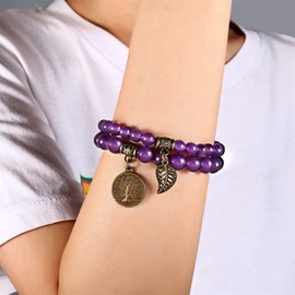 Bivei Natural Amethyst Crystal Healing Semi-Precious Stone Beads Life Tree Charm Stretch Beaded Bracelets for Women Calm and Anxiety Relief