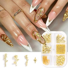3D Metal Rose Nail Art Charms, Mixed Styles Gold Roses Flowers Alloy Nail Jewels, Metal Nail Chains Star Micro Caviar Beads Nail Rivets Studs for Women Girls Nails Supplies DIY Crafts Decorations